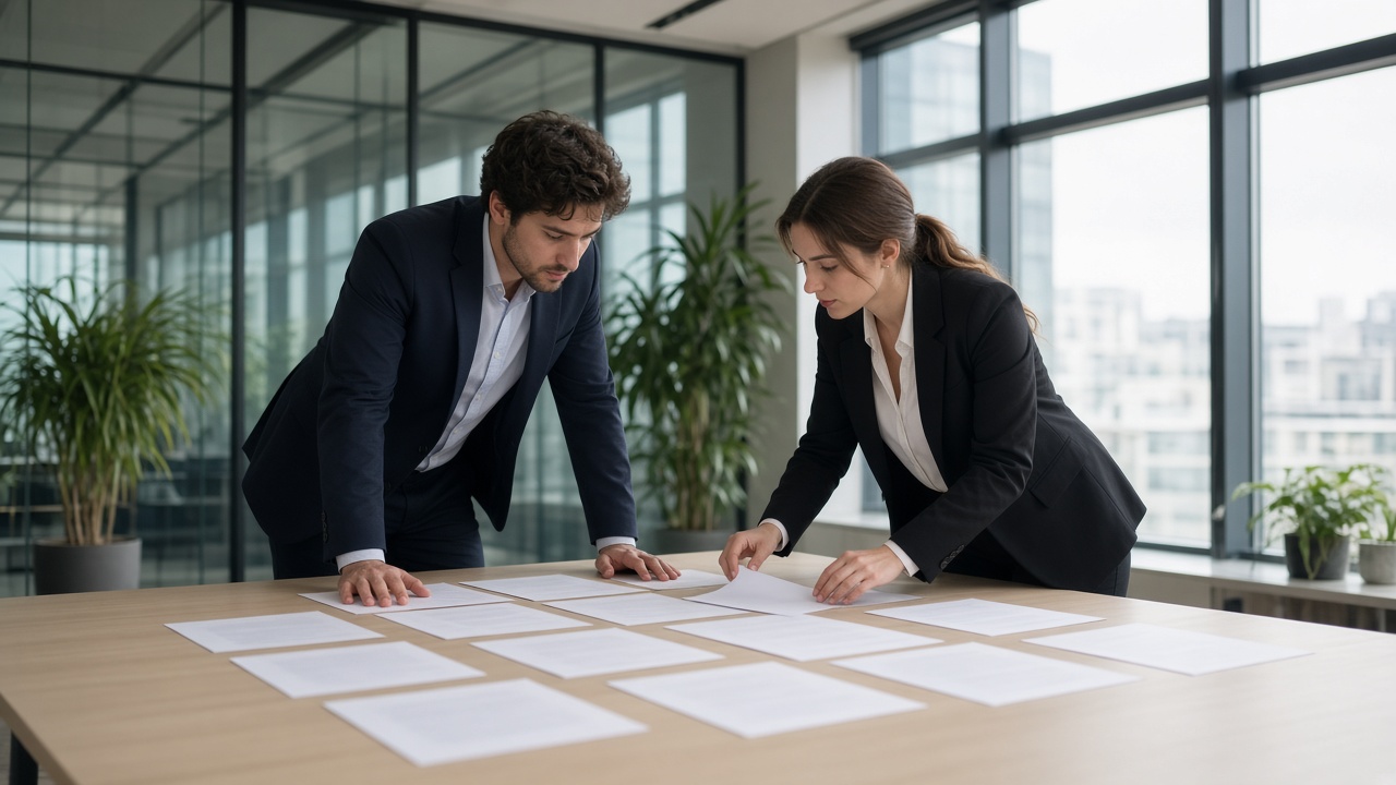 Two bankers assembling blank pitch pages on a conference table.