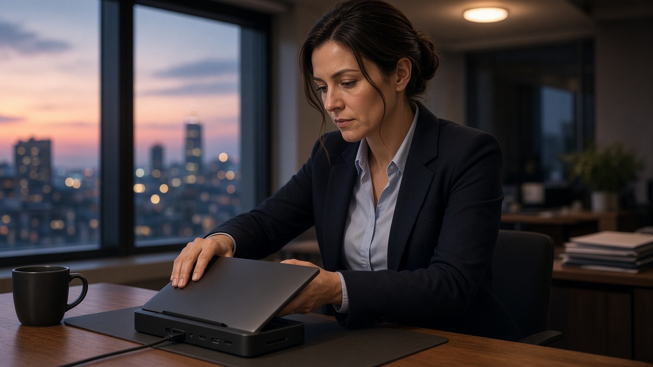 Ops lead docking a laptop in a quiet office at dusk.