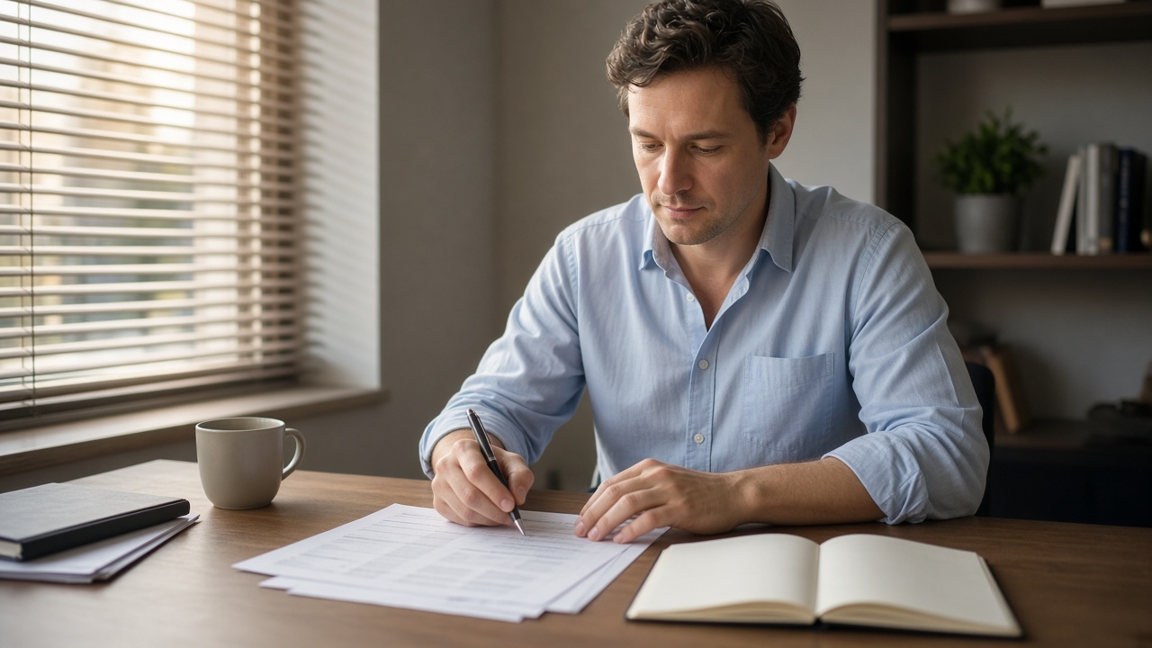 Analyst reviewing papers at a wooden desk in morning light.