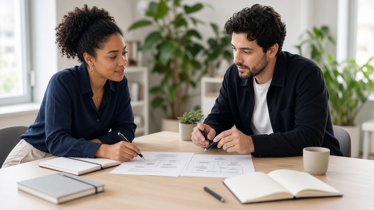 Two GTM operators reviewing org diagrams at a light wood table.