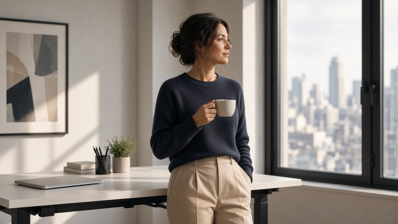 Commerce marketer with coffee at a standing desk overlooking a city.