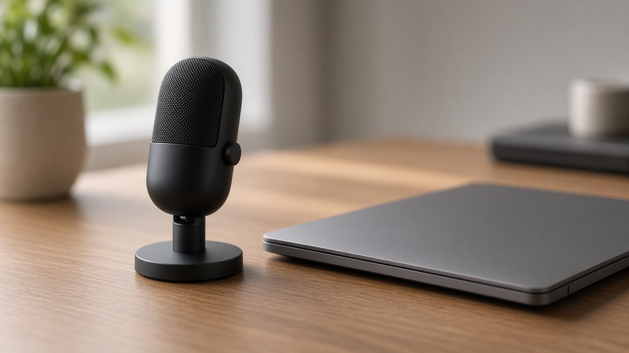 Microphone and laptop on a wood desk