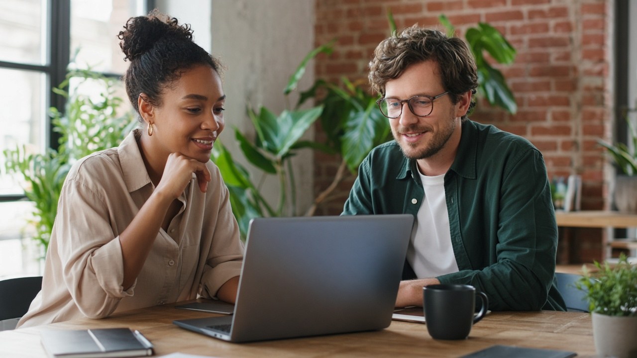 Two colleagues collaborating on a laptop voice call