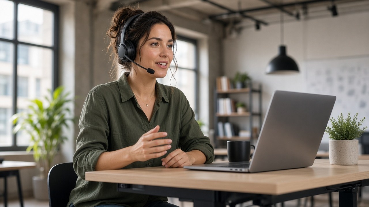 Professional on a headset call at a standing desk