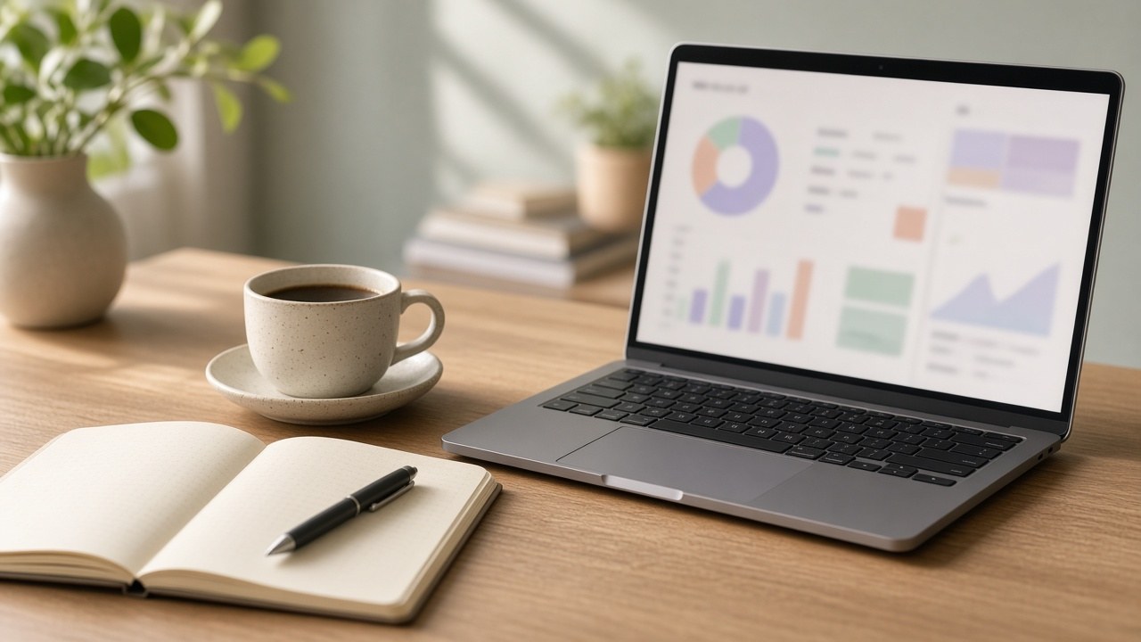 Laptop and notebook on a desk with coffee