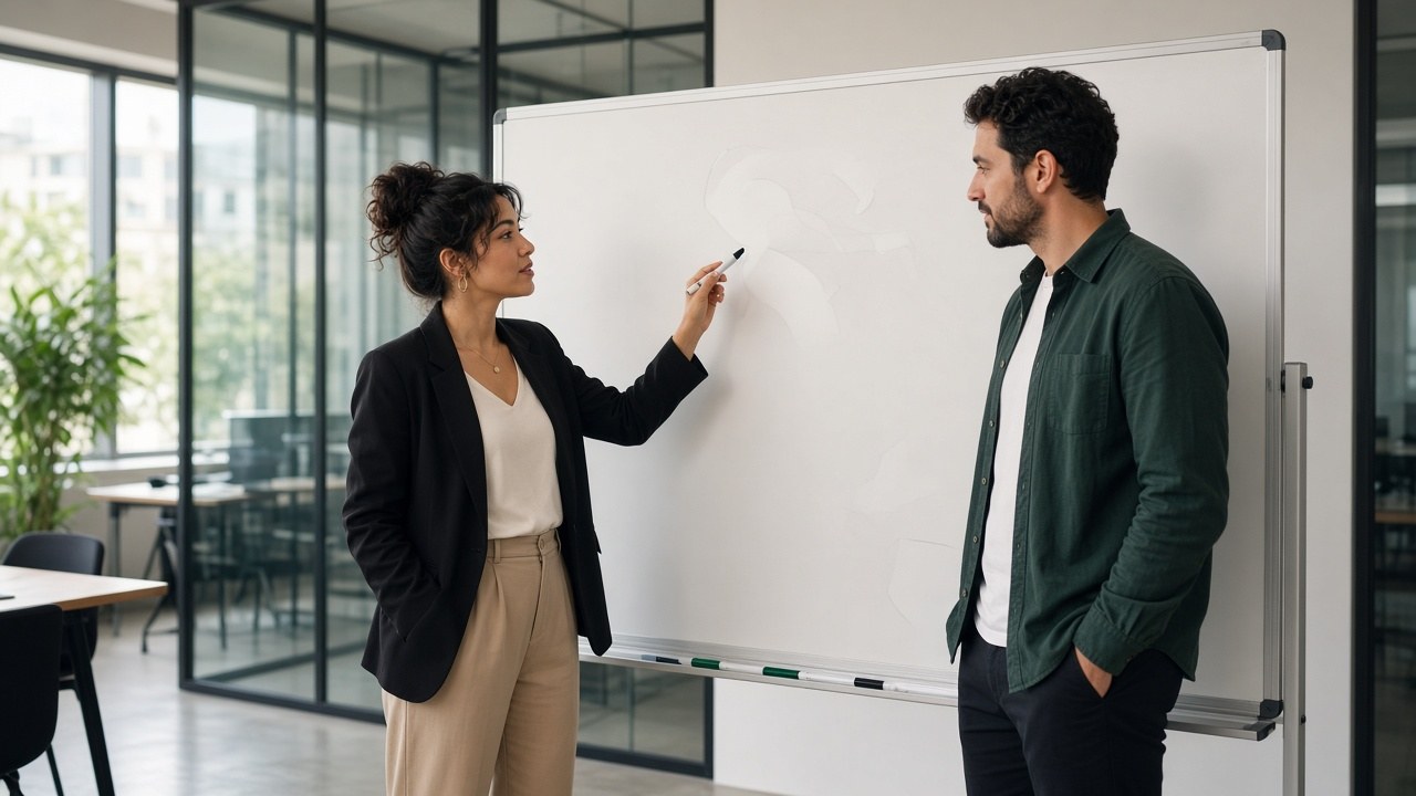 Two colleagues discussing strategy at a whiteboard