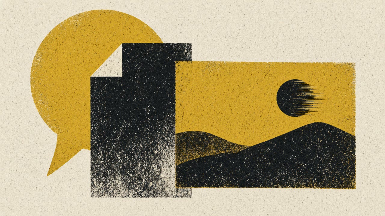 Risograph illustration of overlapping chat bubble, document, and slide shapes in black and mustard