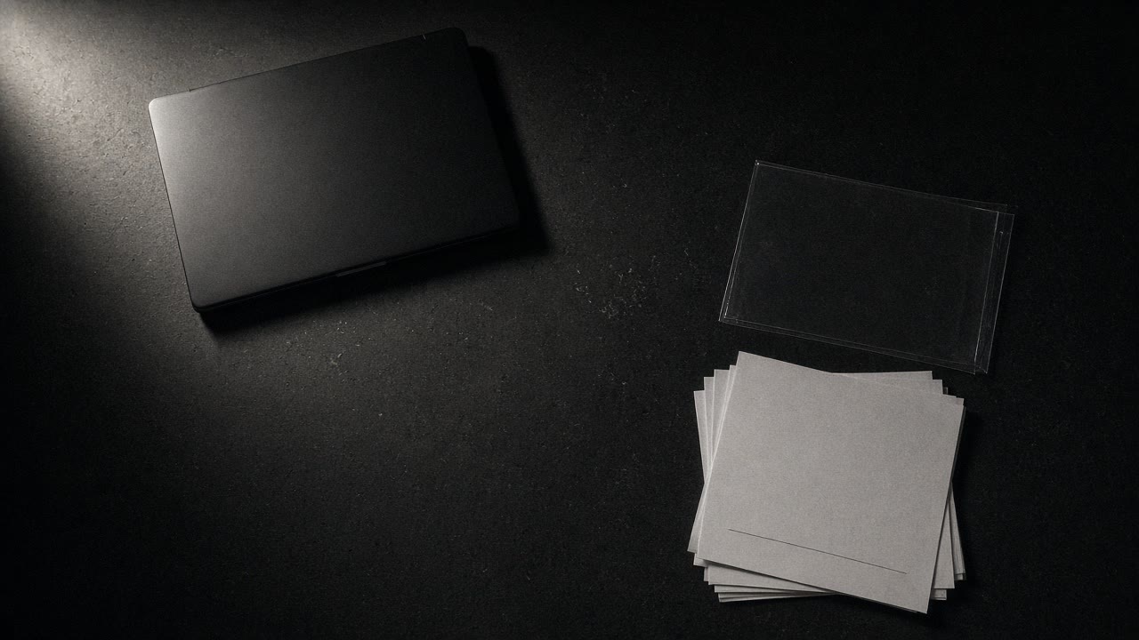 Overhead flat-lay of closed laptop, blank cards, and empty slide sleeve under harsh lamp