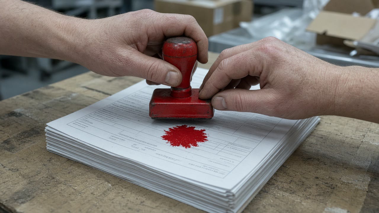 Hands pressing a red stamp onto stacked papers on a warehouse table