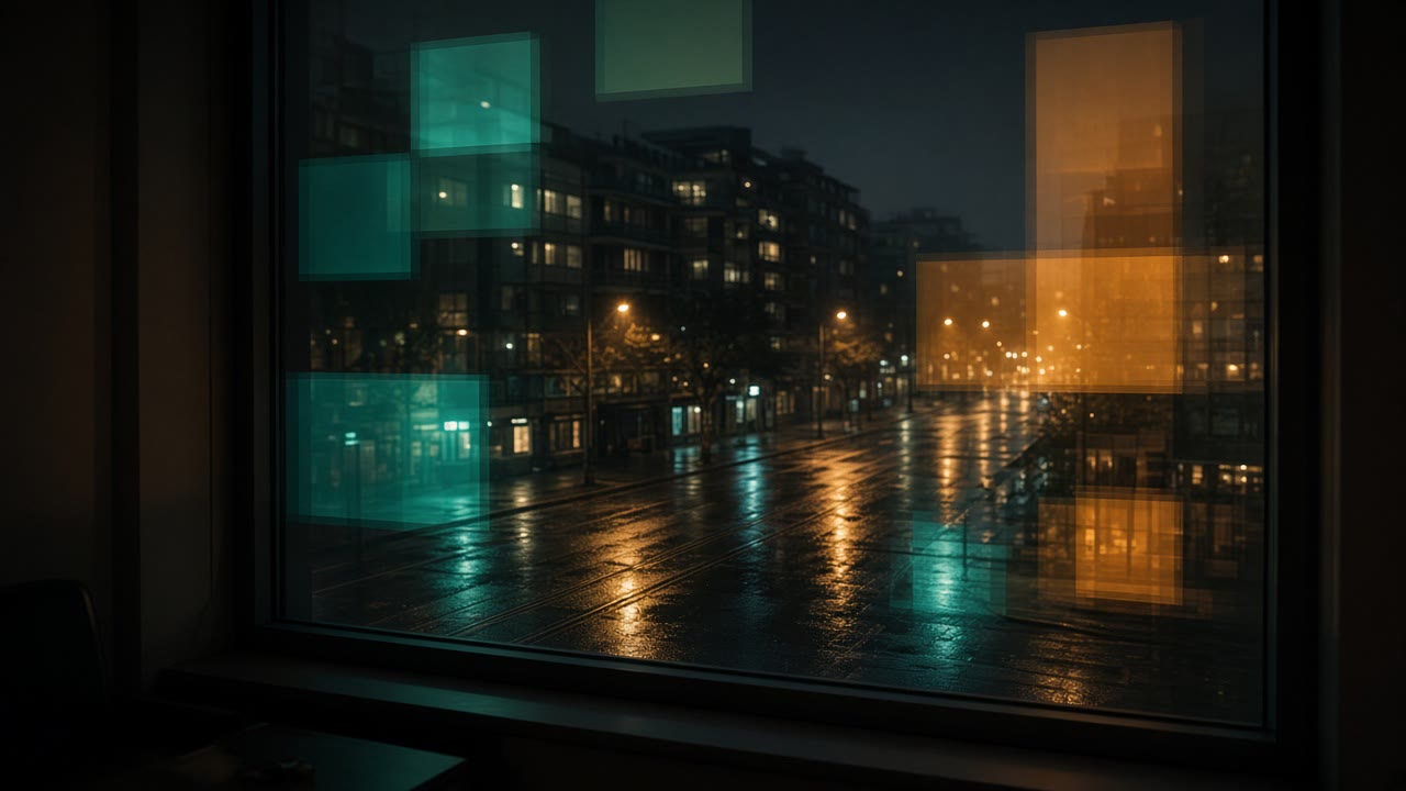 Night city street seen through a window with teal and amber abstract color tiles reflecting
