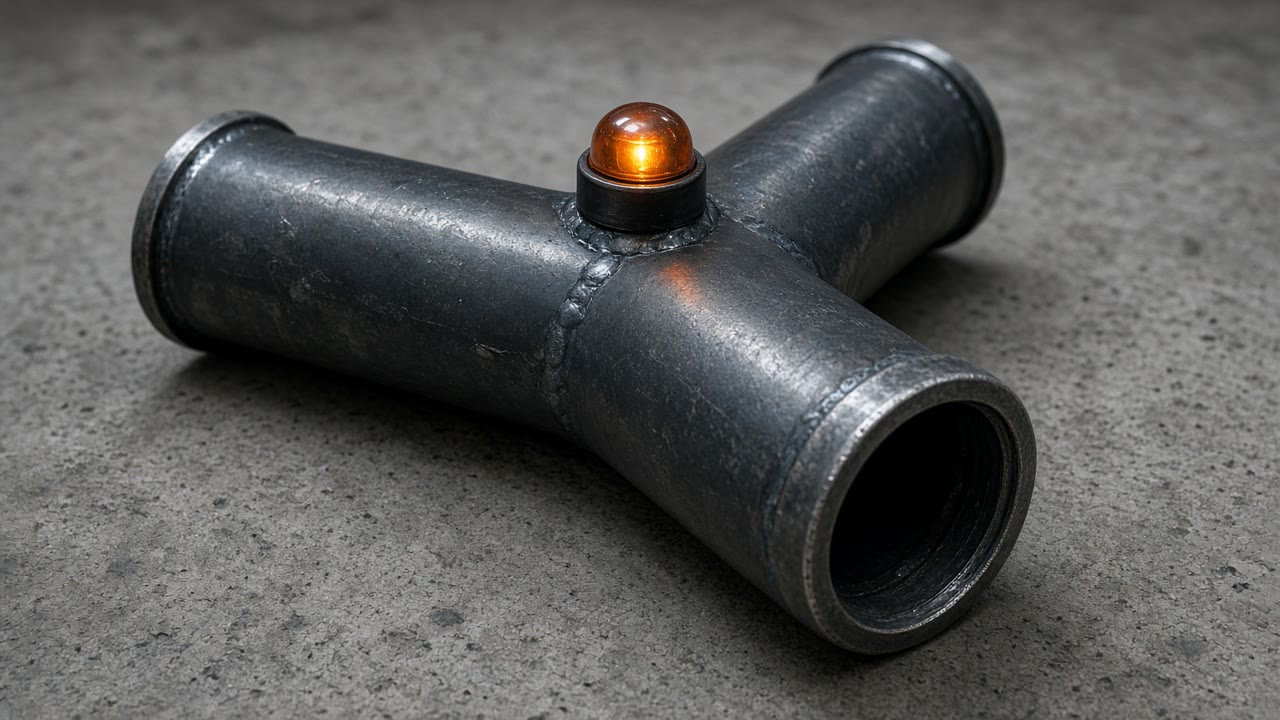 Metal Y-junction pipe manifold on concrete with a soft amber indicator glow.