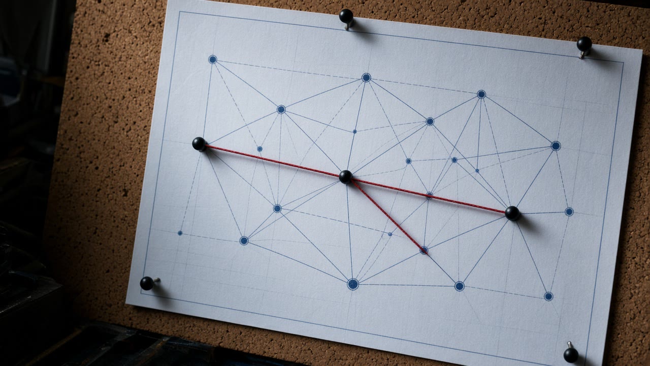 Blueprint node graph on corkboard with a red thread marking a conflict path.