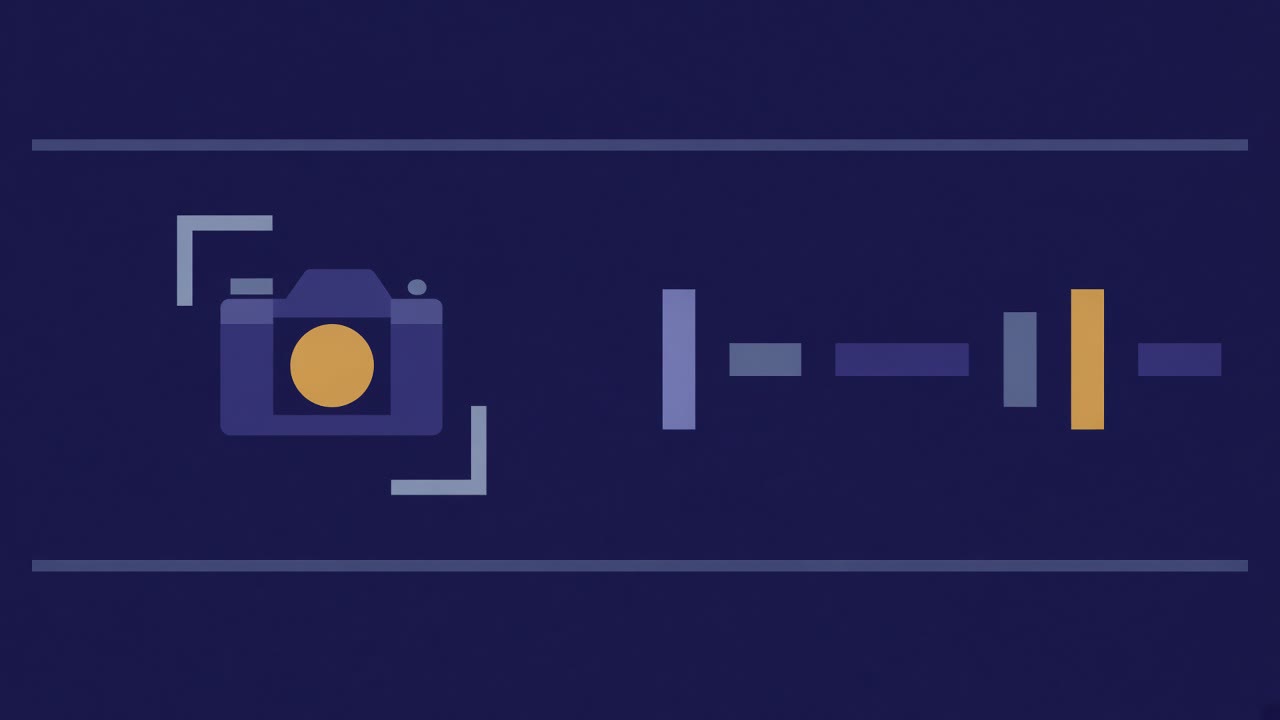 Indigo geometric illustration of a camera viewfinder lane versus abstract keyword bars with a gold bid chip.