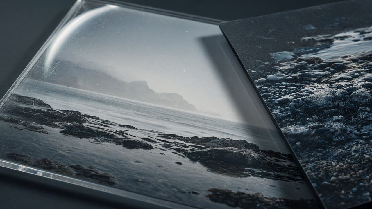 Two overlapping printed lifestyle photos under acrylic in a cool closeup comparison.