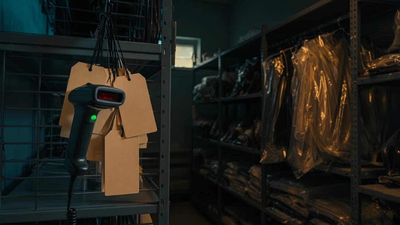 Retail stockroom at dusk with barcode scanner and hanging tags under teal and amber lights