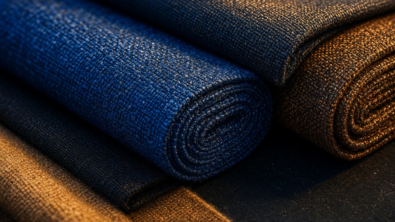 Close macro of fabric bolt ends and material samples on a cutting table
