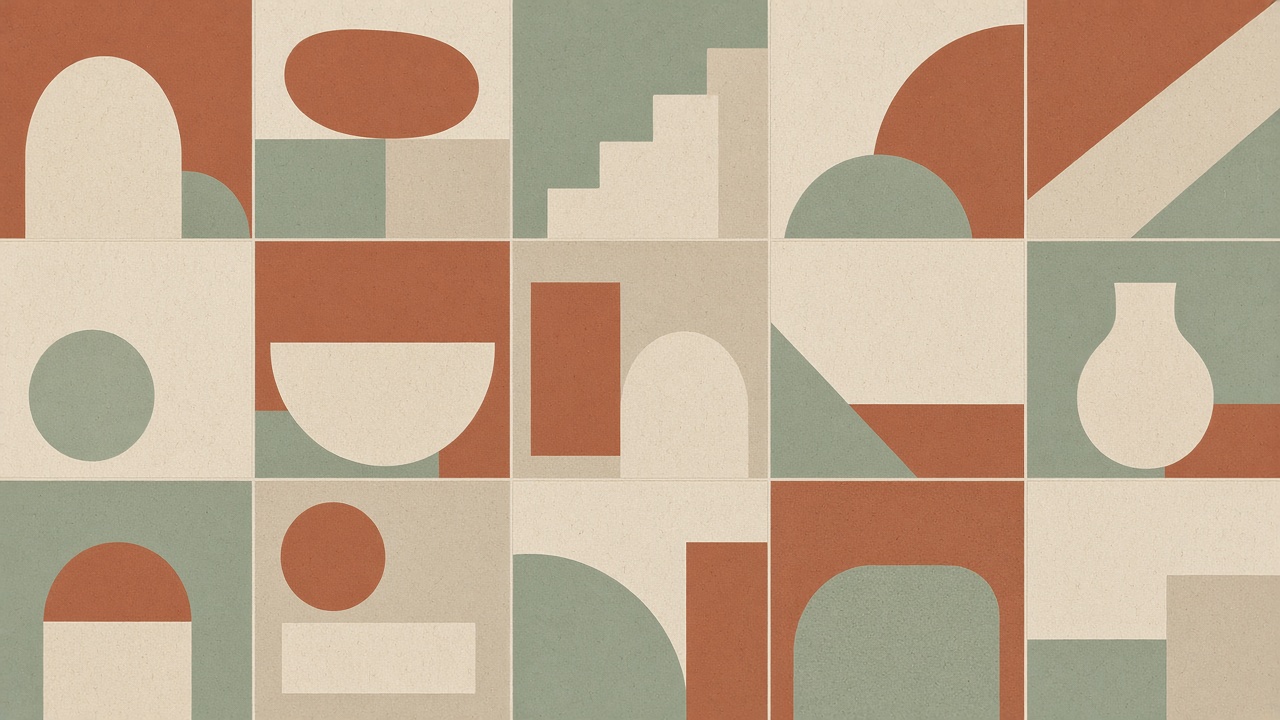 Abstract terracotta and sage product tile grid