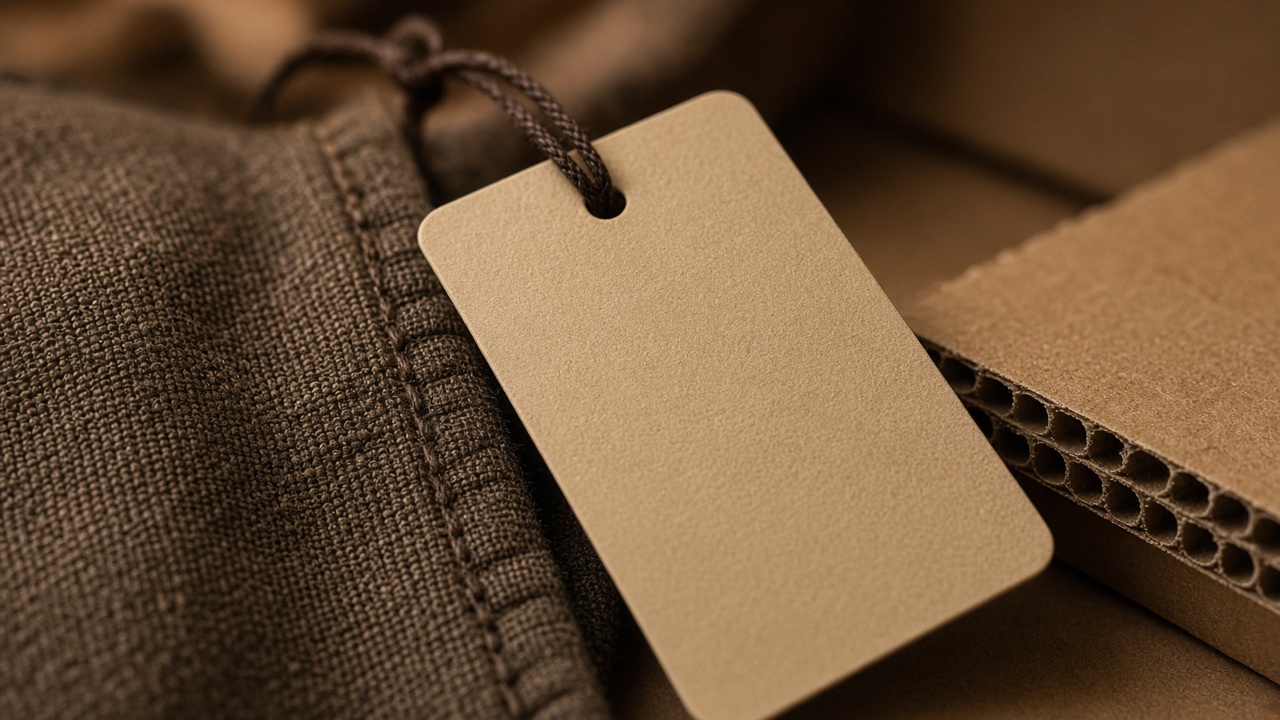 Blank hangtag on garment beside cardboard
