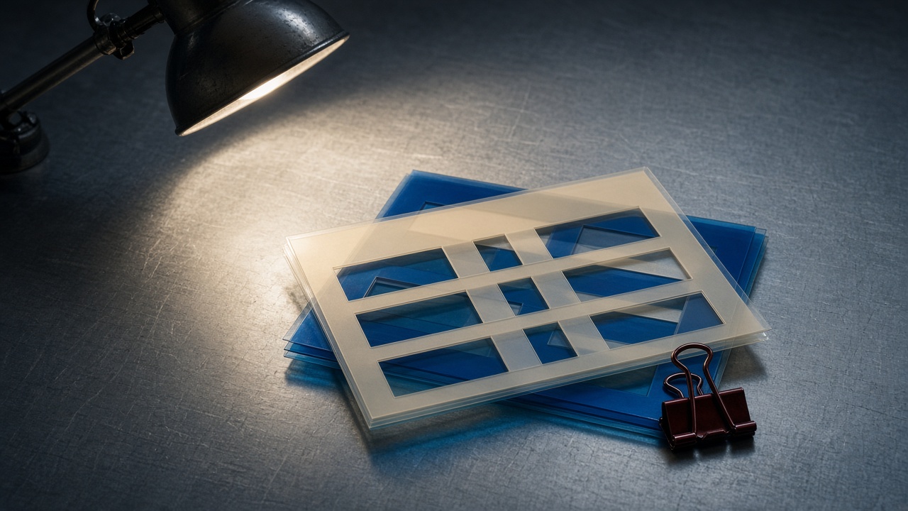 Stacked translucent acetate sheets under a desk lamp