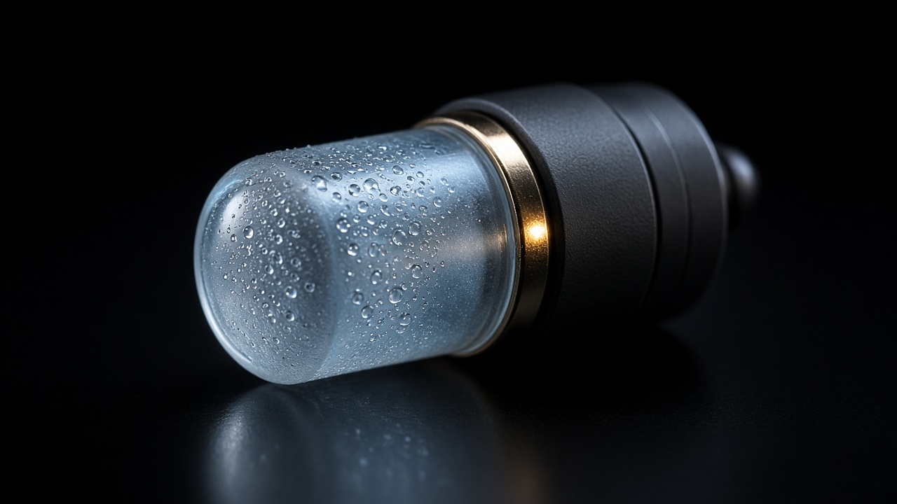 Frosted glass relay with condensation on matte black