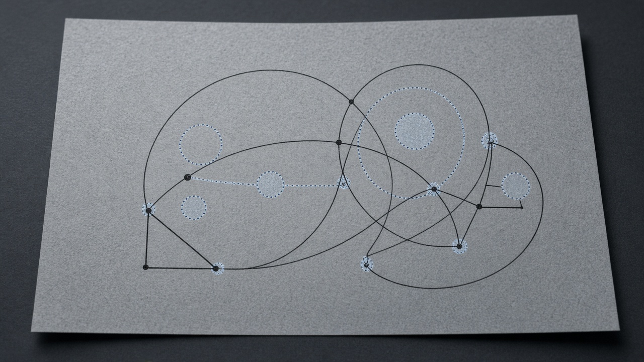 Abstract geometric ink schematic on gray paper