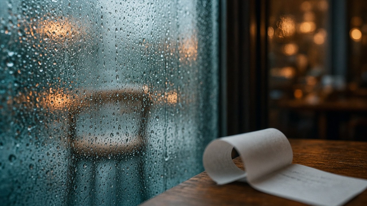 Blank curled paper on a wooden table before a rain-beaded window with amber interior light.