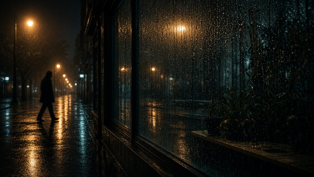 Night street viewed through rain-covered glass with a walking silhouette and amber lamps.