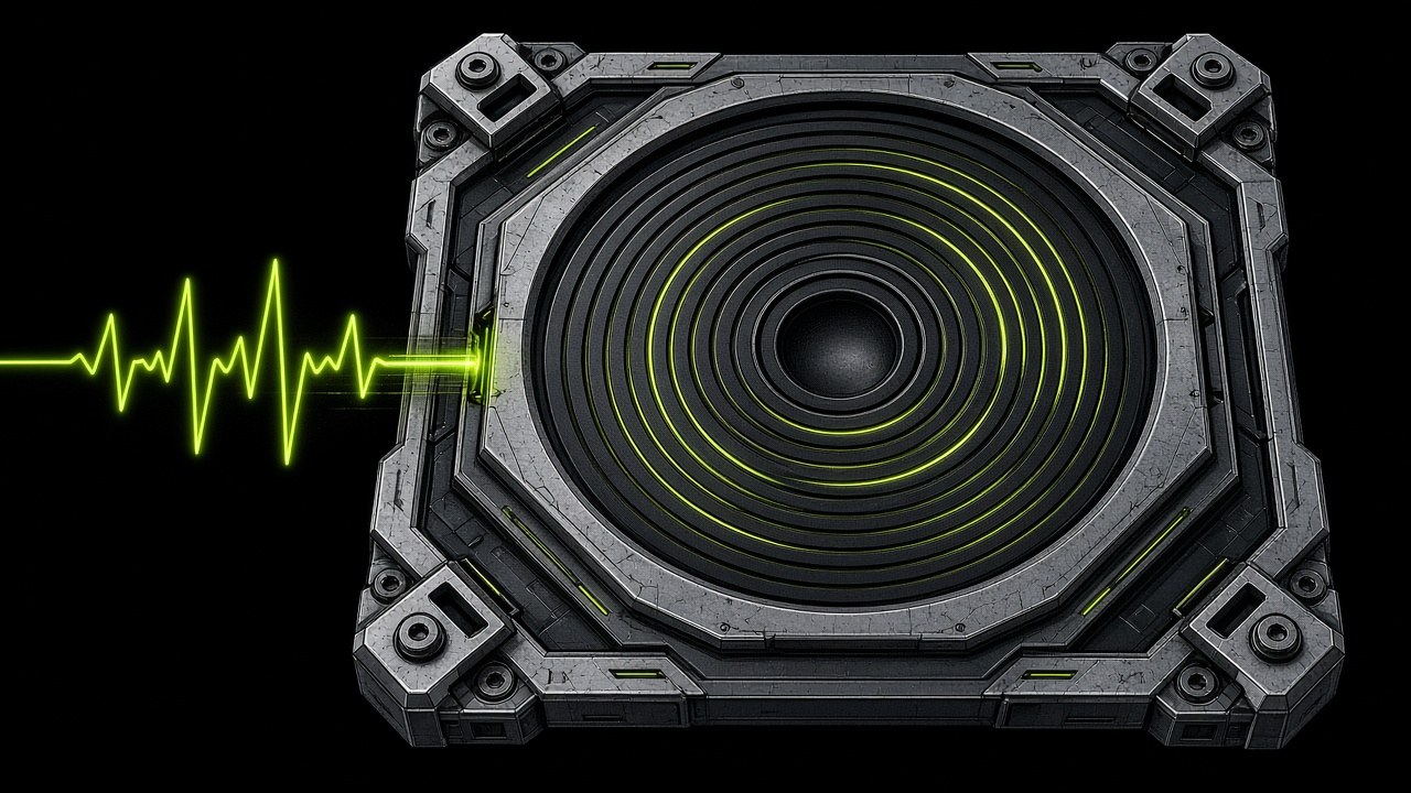 Industrial schematic of a concentric signal pad with a lime pulse line on black.
