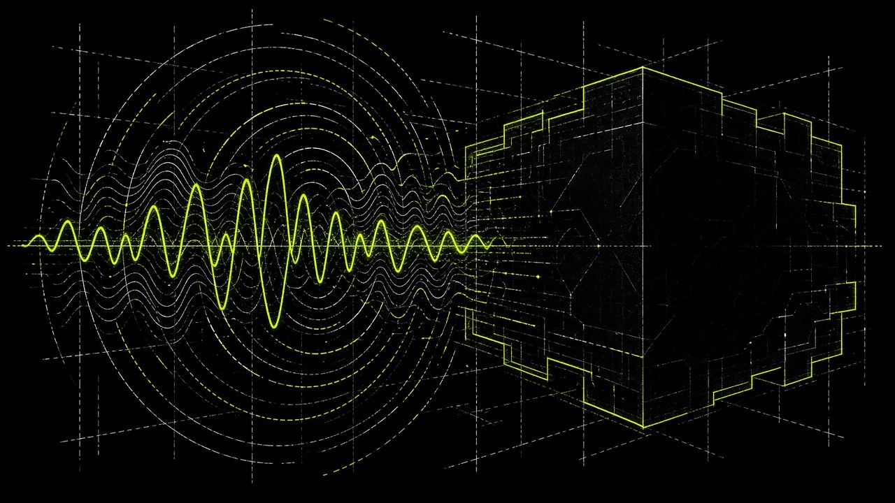 Lime signal waves entering a dark geometric cube on a schematic grid.