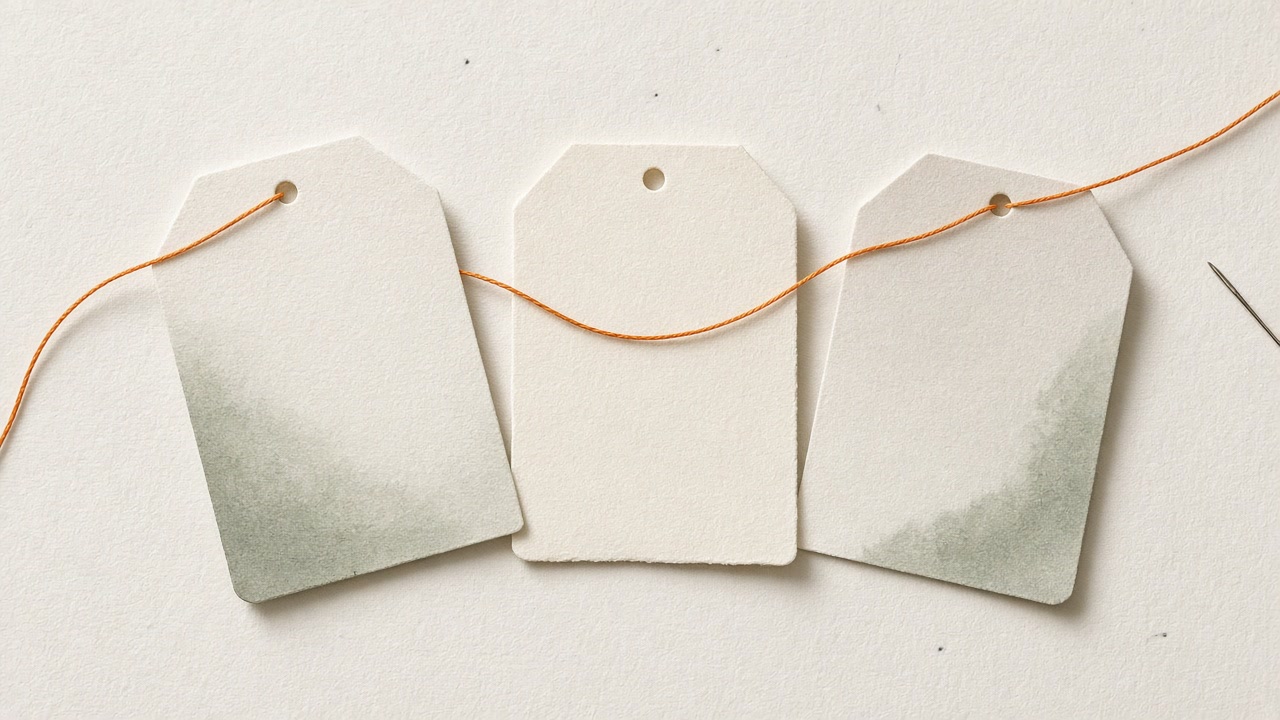 Three blank tags stitched together with a saffron thread on a light desk.