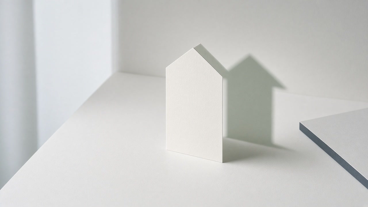 White house-shaped paper cutout casting a soft shadow on a pale desk.