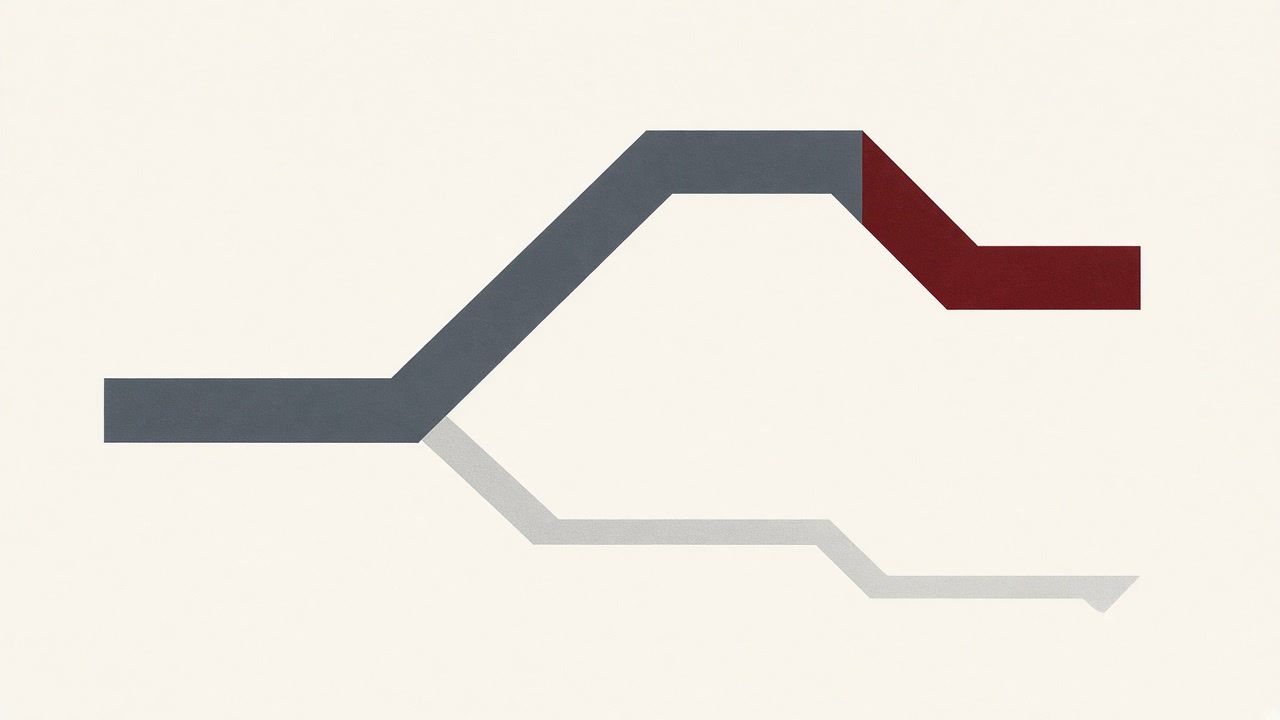Geometric ink schematic of a routing path that forks with an oxblood upper lane.