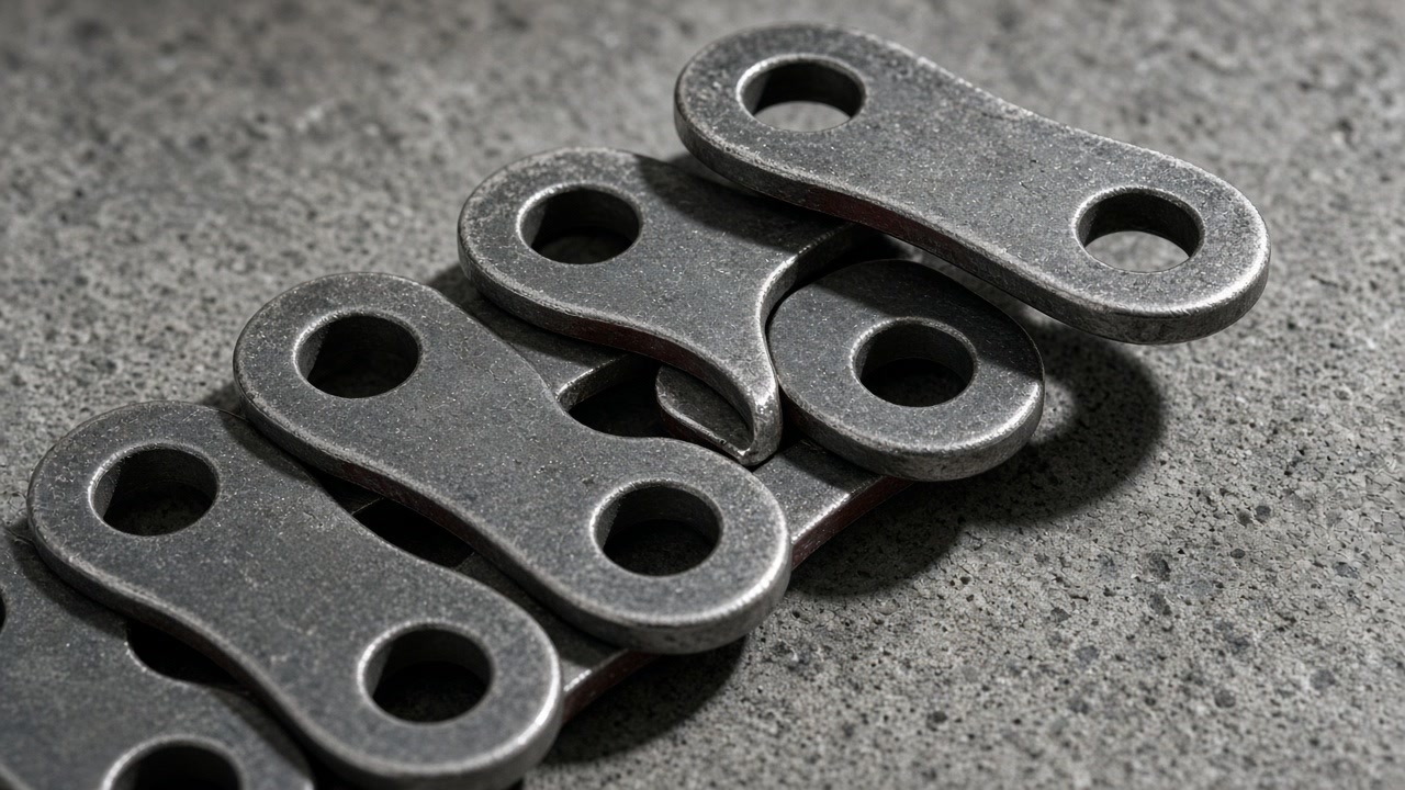Macro of interlocking blank metal chain links on concrete with one plate lifted.