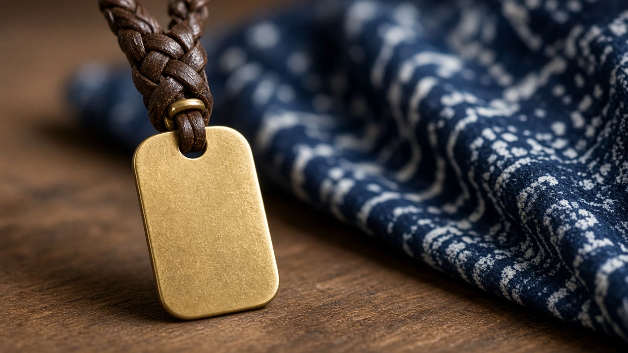 Blank brass luggage tag on braided leather strap against indigo batik