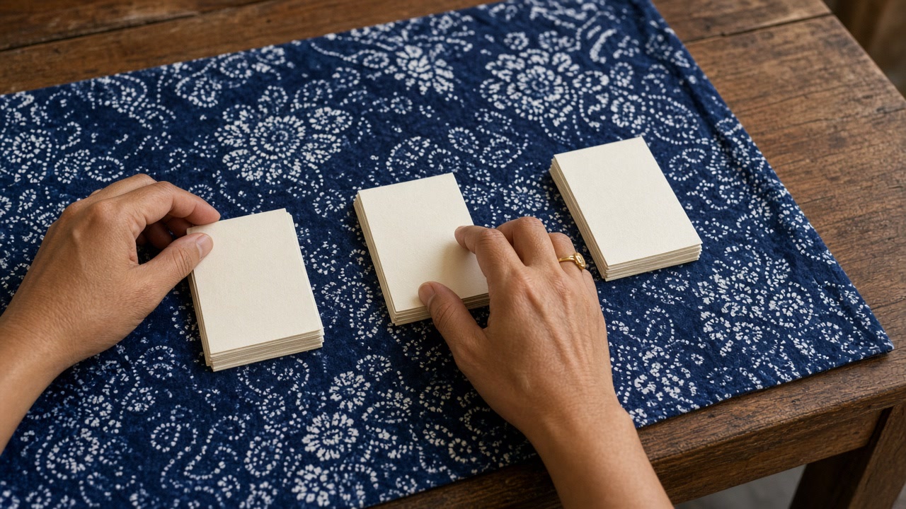 Hands sorting blank cream cards into three piles on indigo batik cloth