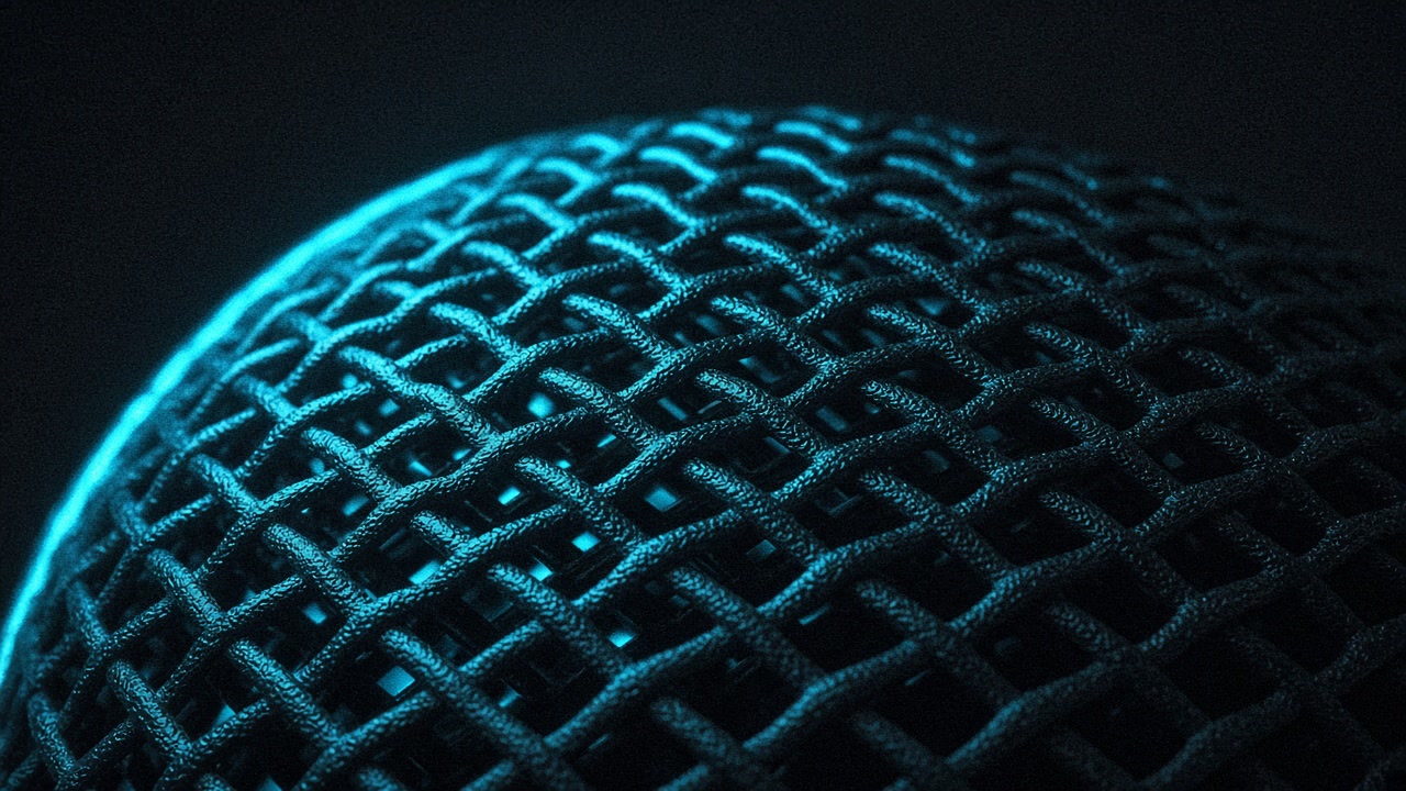 Macro cyan-lit microphone mesh grille on charcoal background