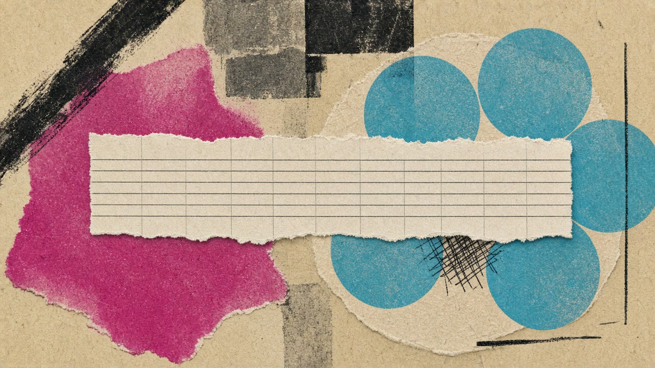 Risograph collage with blank ledger strip, magenta blot, and cyan circles on newsprint