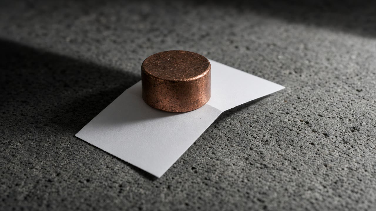 Blank paper checkout slip under a copper weight on raw concrete