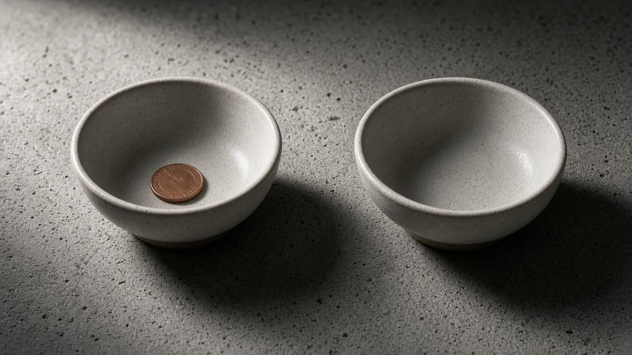 Two ceramic bowls on concrete, one with a copper coin and one empty