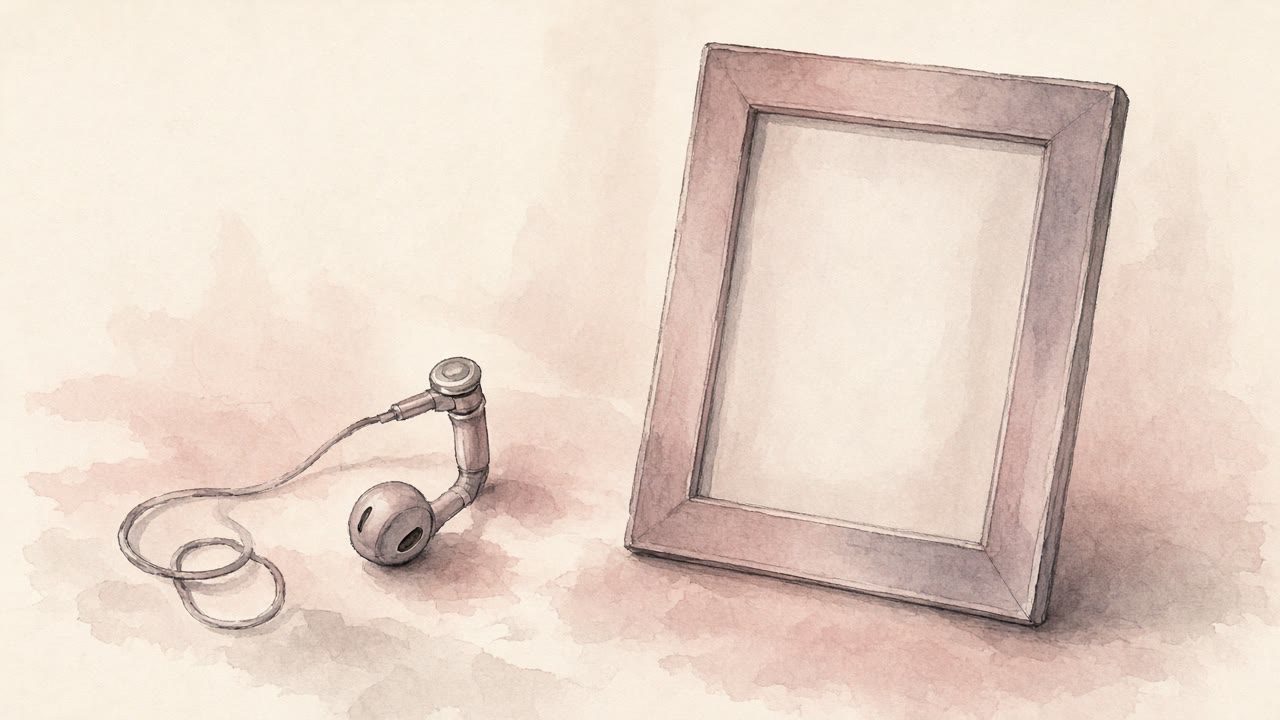 Watercolor still life of an earphone and blank portrait frame on a desk