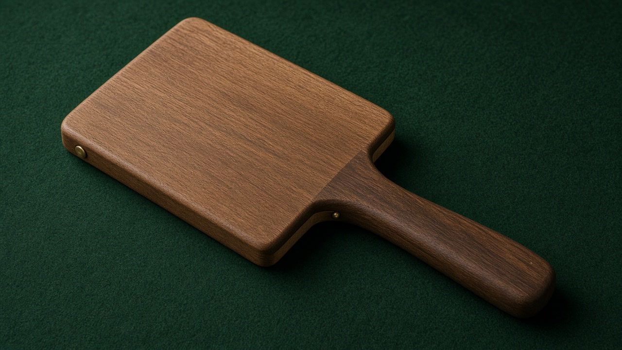 Blank wooden auction paddle face-down on forest green felt