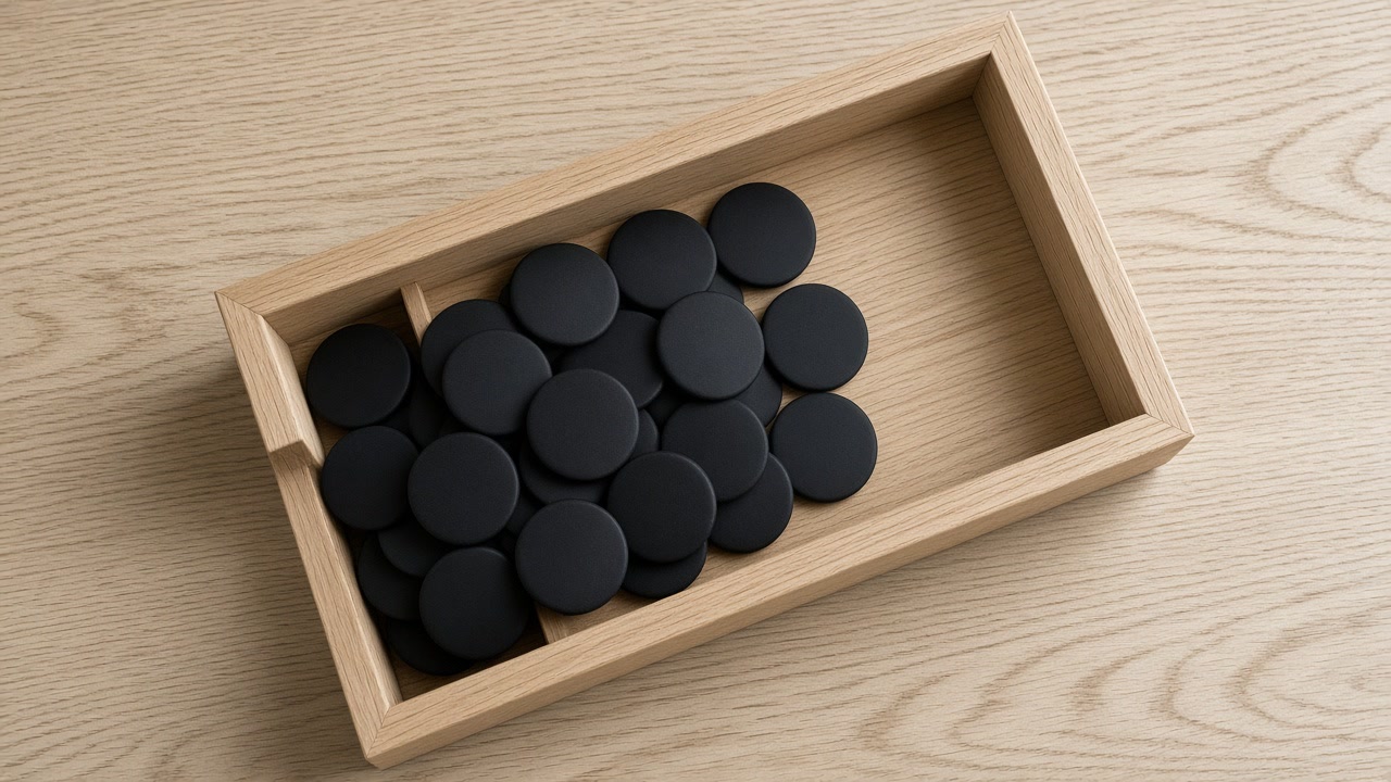 Blank matte black tokens piled in a raw oak tray on cream wood