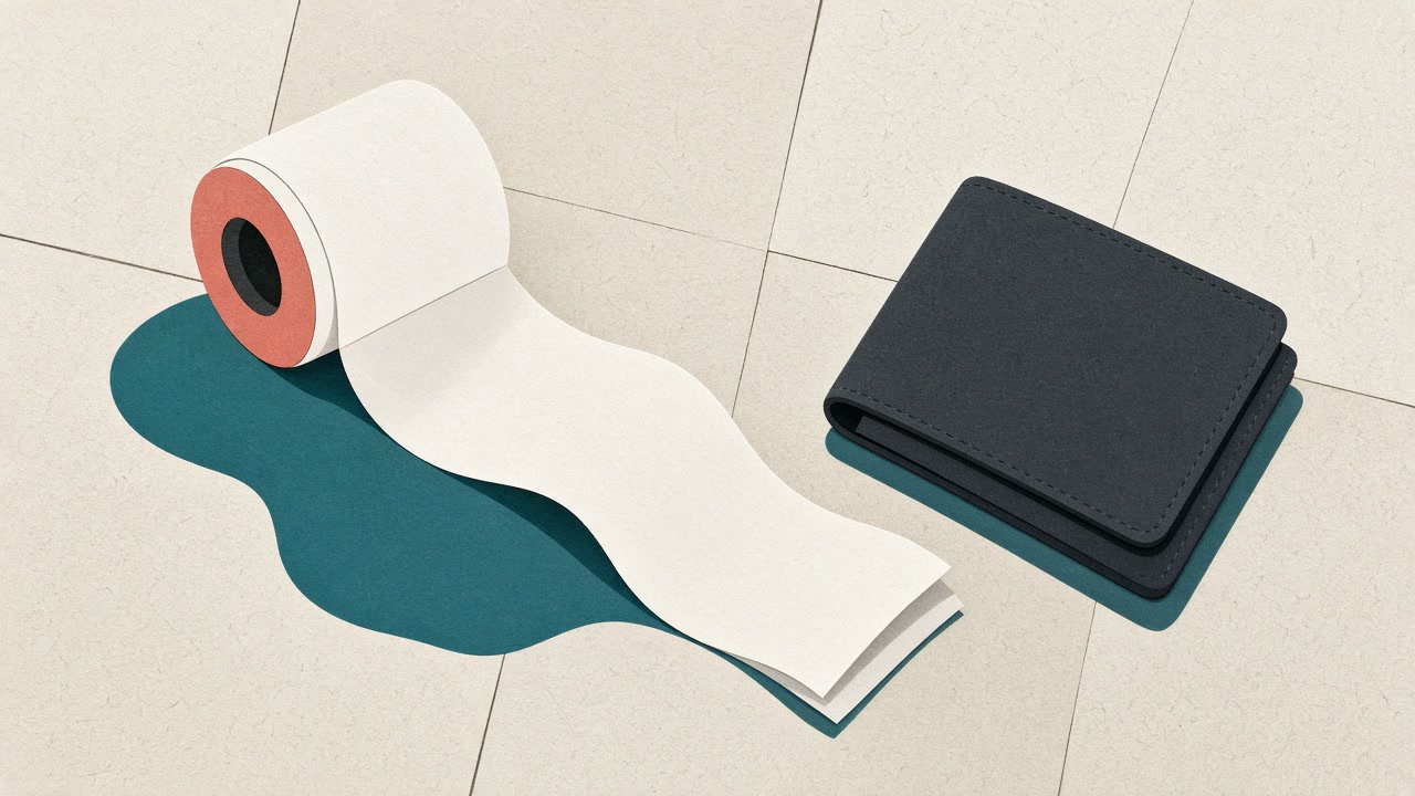 Blank receipt roll unspooled beside a closed empty wallet on bone linoleum