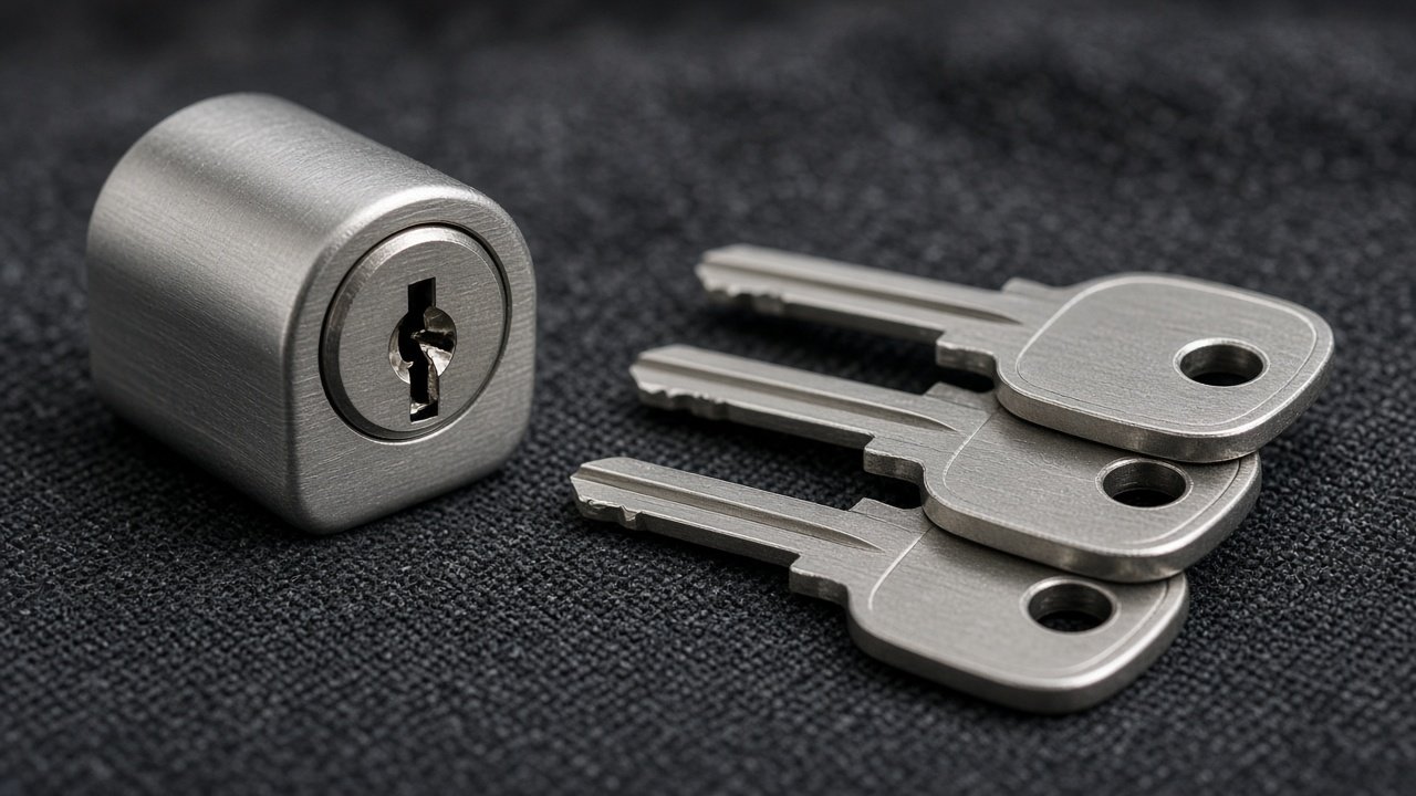 Blank lock cylinder and three uncut keys on black tool cloth