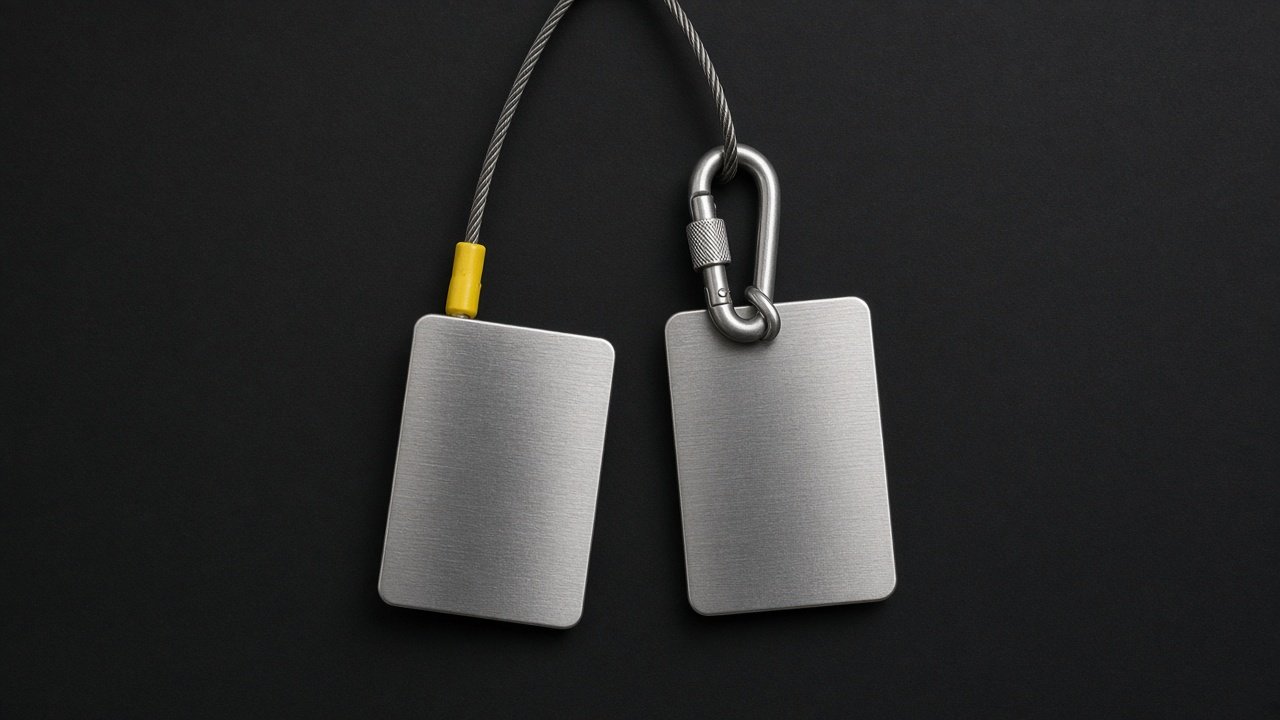 Two blank metal permission tags on a steel cable loop