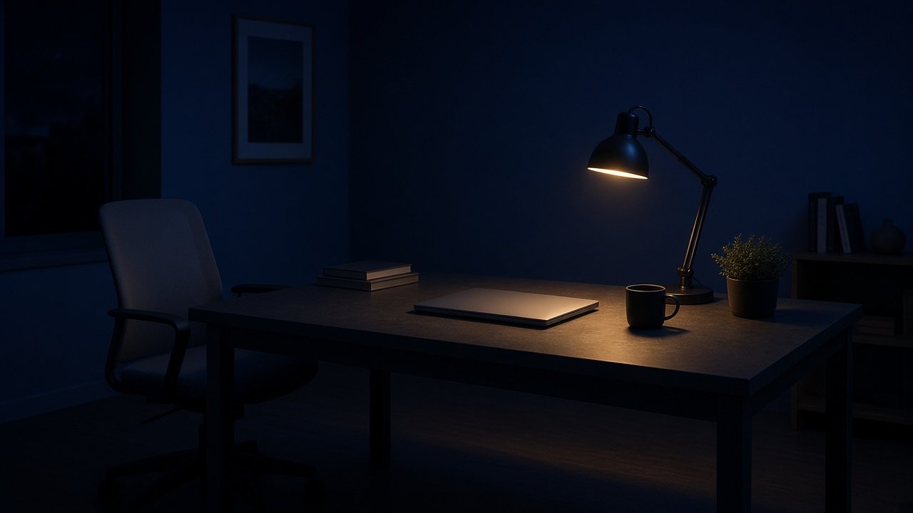 Empty night desk with closed laptop and amber lamp