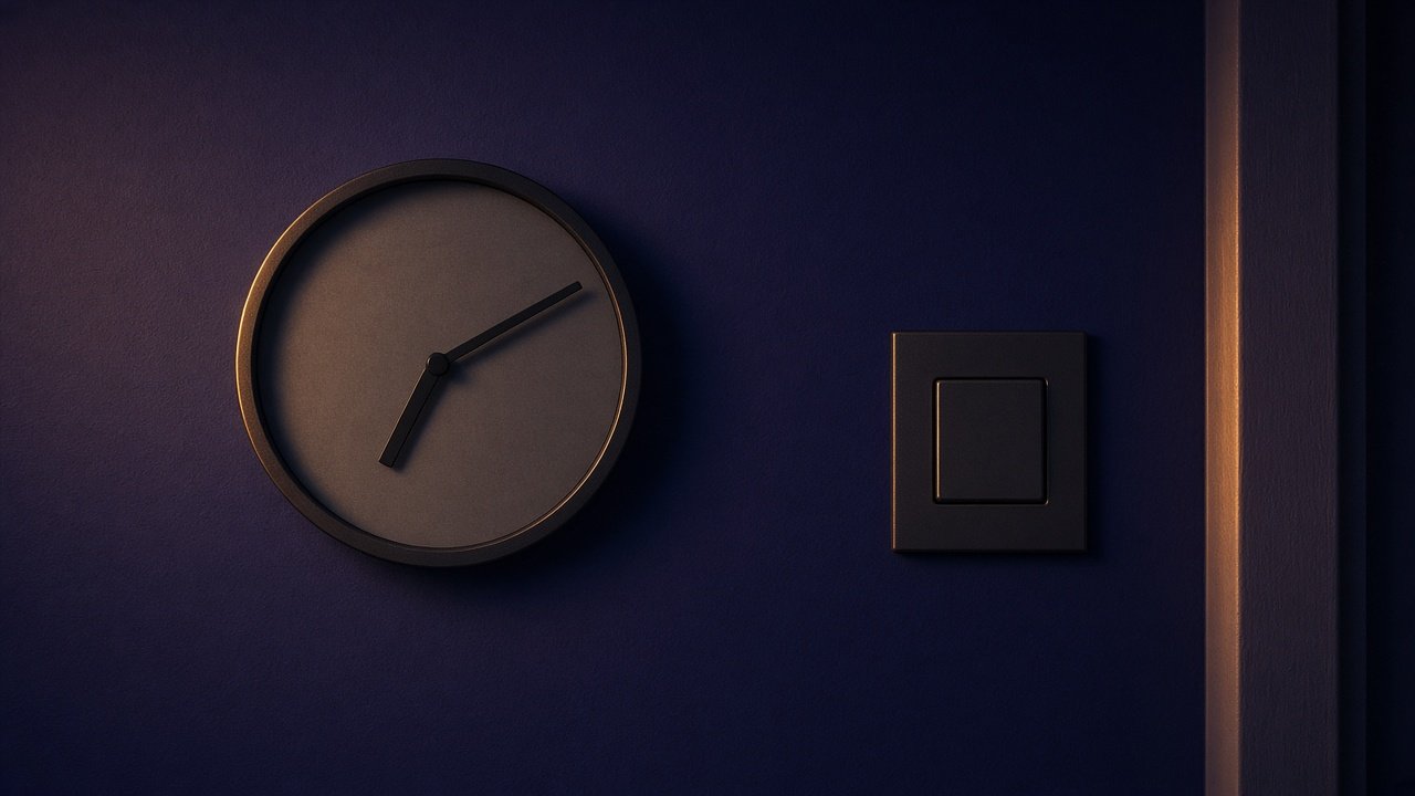 Blank analog clock face beside a corridor switch on indigo wall