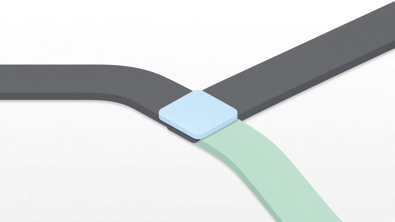 Isometric ice-blue chip at a fork with one path diverting in soft mint