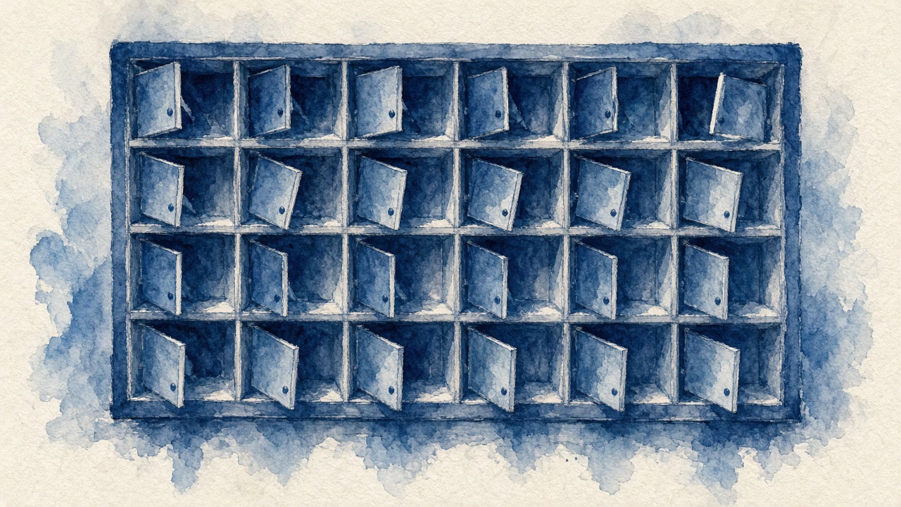 Ink-wash illustration of empty unlabeled mailbox slots.