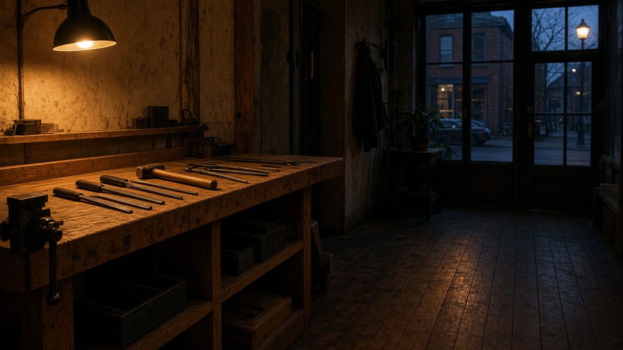 Lit workshop bench beside a shadowed path toward a dark storefront.